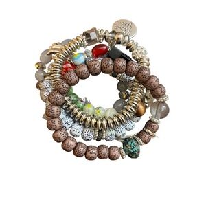 Boho Beaded Stretch Bracelet Set 5pc Silver Tone Charms Tassel Cross Wing Heart